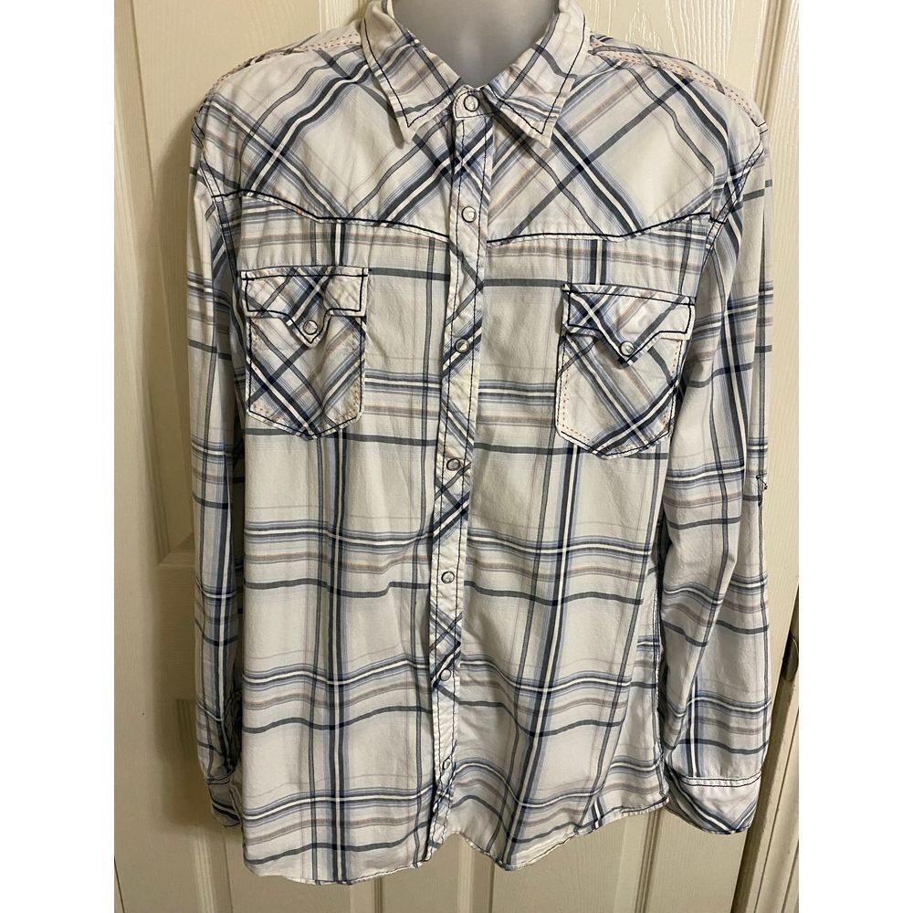 BKE Slim Fit White & Navy Plaid Button-Down Casual Shirt XXL‎